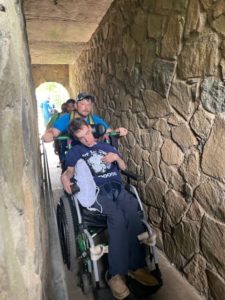 Andrew treks through a narrow passage in Sleeping Giant castle